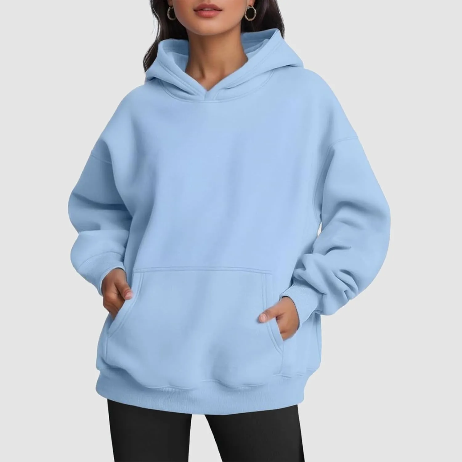 Womens Hoodie Pullover Casual Plain Basic Sweatshirt with Hood Solid Color Oversized Long Sleeve Hoodies