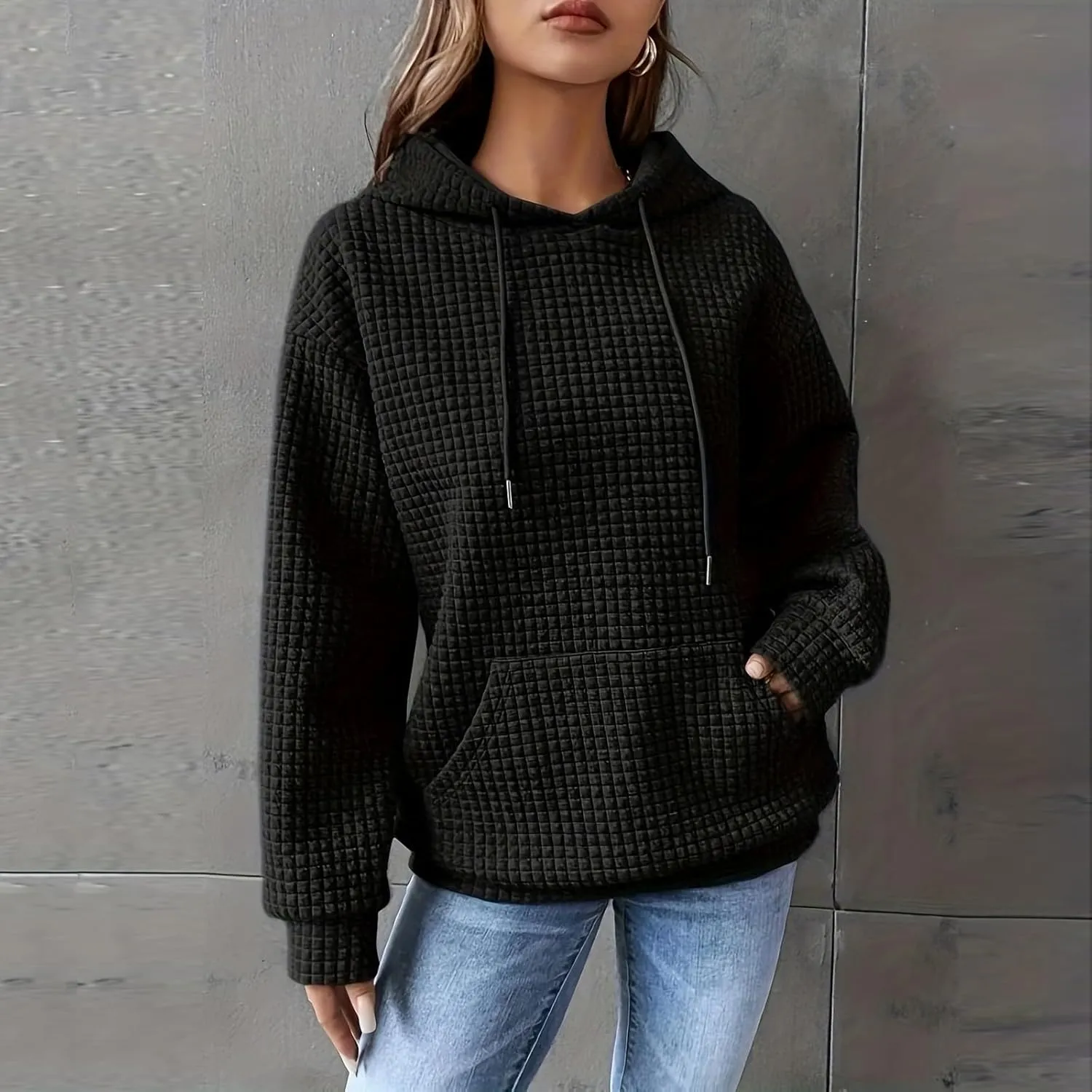 Womens Hoodies Fall Winter Waffle Knit Drawstring Cute Sweatshirts with Pocket Trendy Pullover