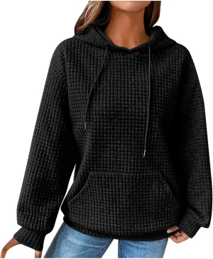Womens Hoodies Fall Winter Waffle Knit Drawstring Cute Sweatshirts with Pocket Trendy Pullover