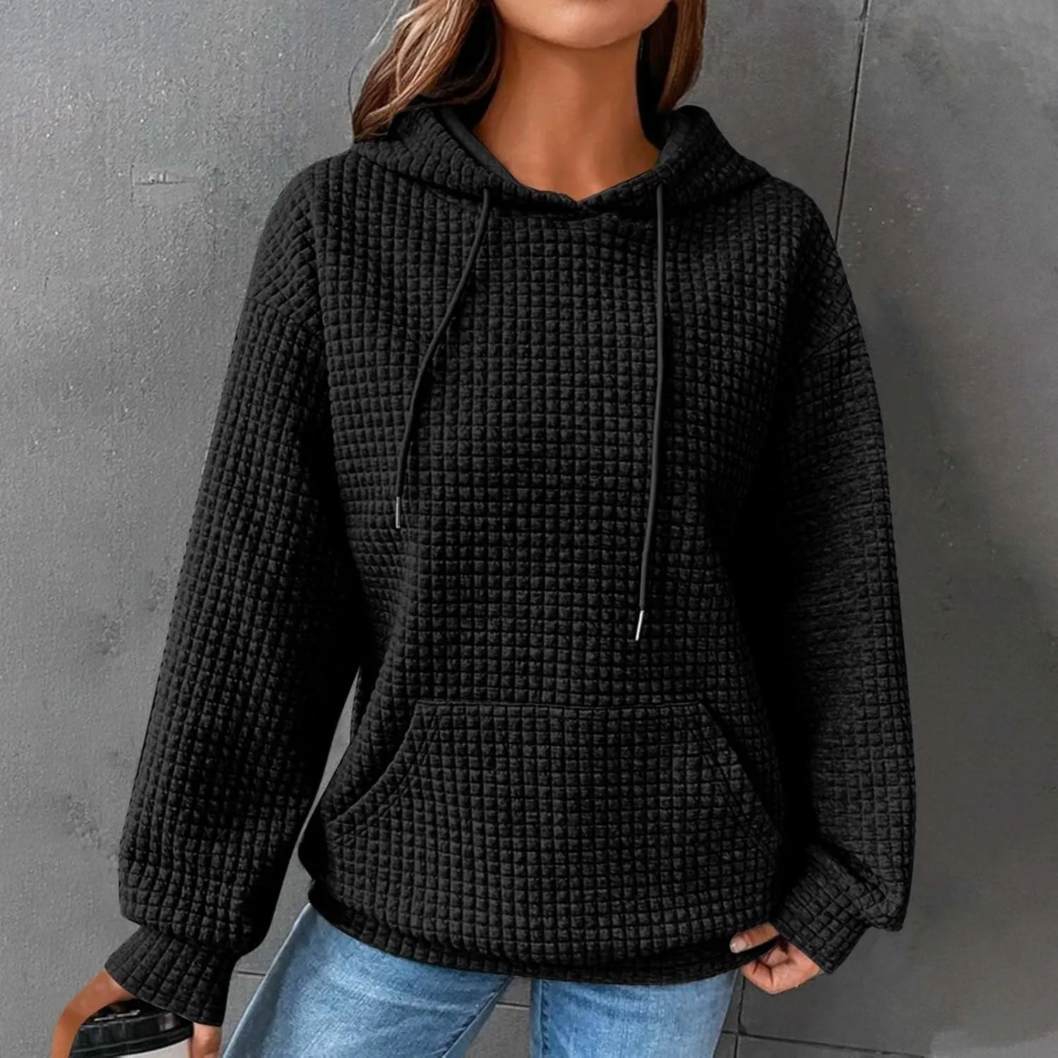 Womens Hoodies Fall Winter Waffle Knit Drawstring Cute Sweatshirts with Pocket Trendy Pullover