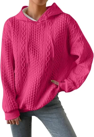 Womens Hoodies Fall Winter Waffle Knit Drop Shoulder Casual Sweatshirts with Pocket Pullover