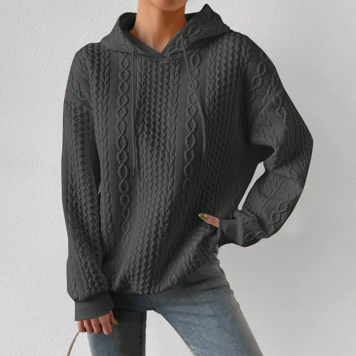 Womens Hoodies Fall Winter Waffle Knit Drop Shoulder Casual Sweatshirts with Pocket Pullover