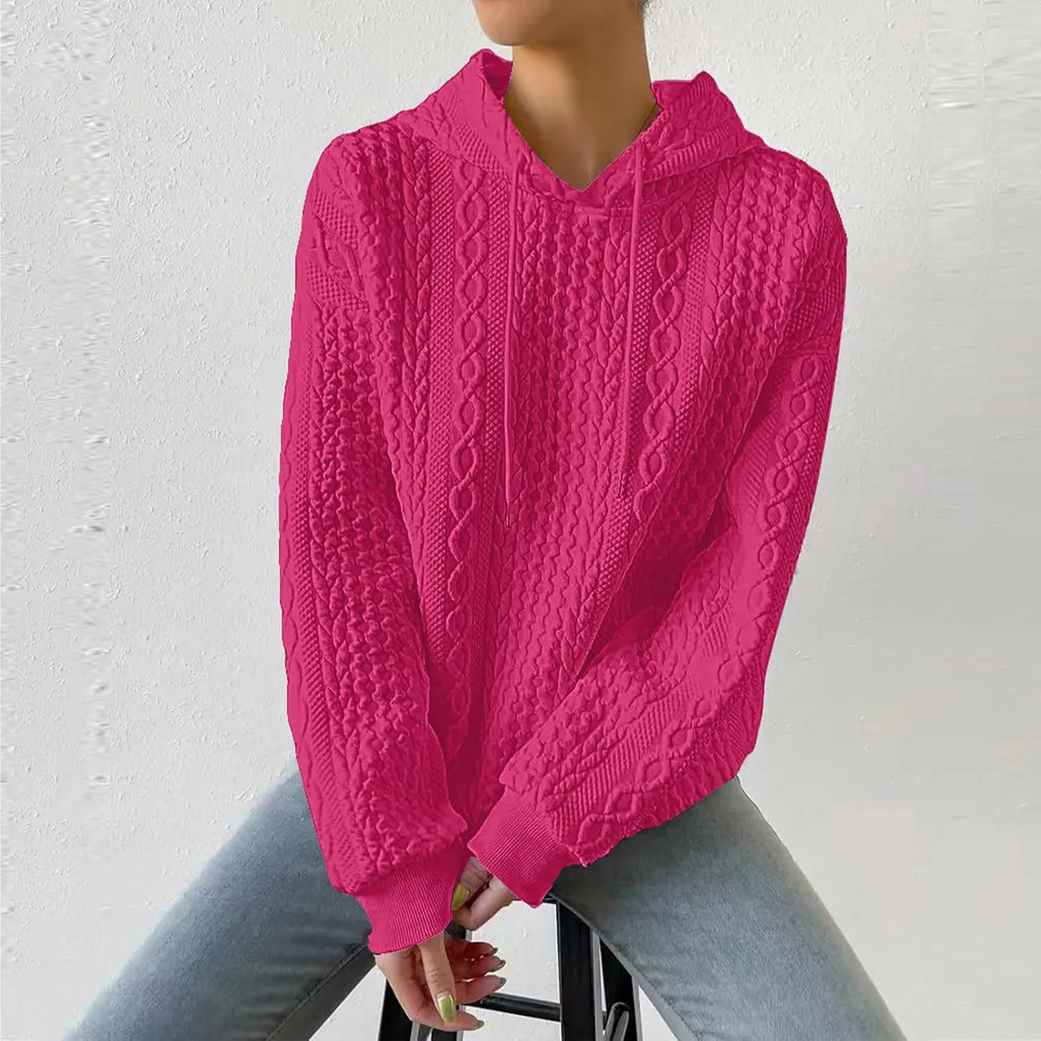 Womens Hoodies Fall Winter Waffle Knit Drop Shoulder Casual Sweatshirts with Pocket Pullover