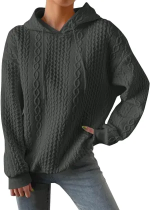 Womens Hoodies Fall Winter Waffle Knit Drop Shoulder Casual Sweatshirts with Pocket Pullover