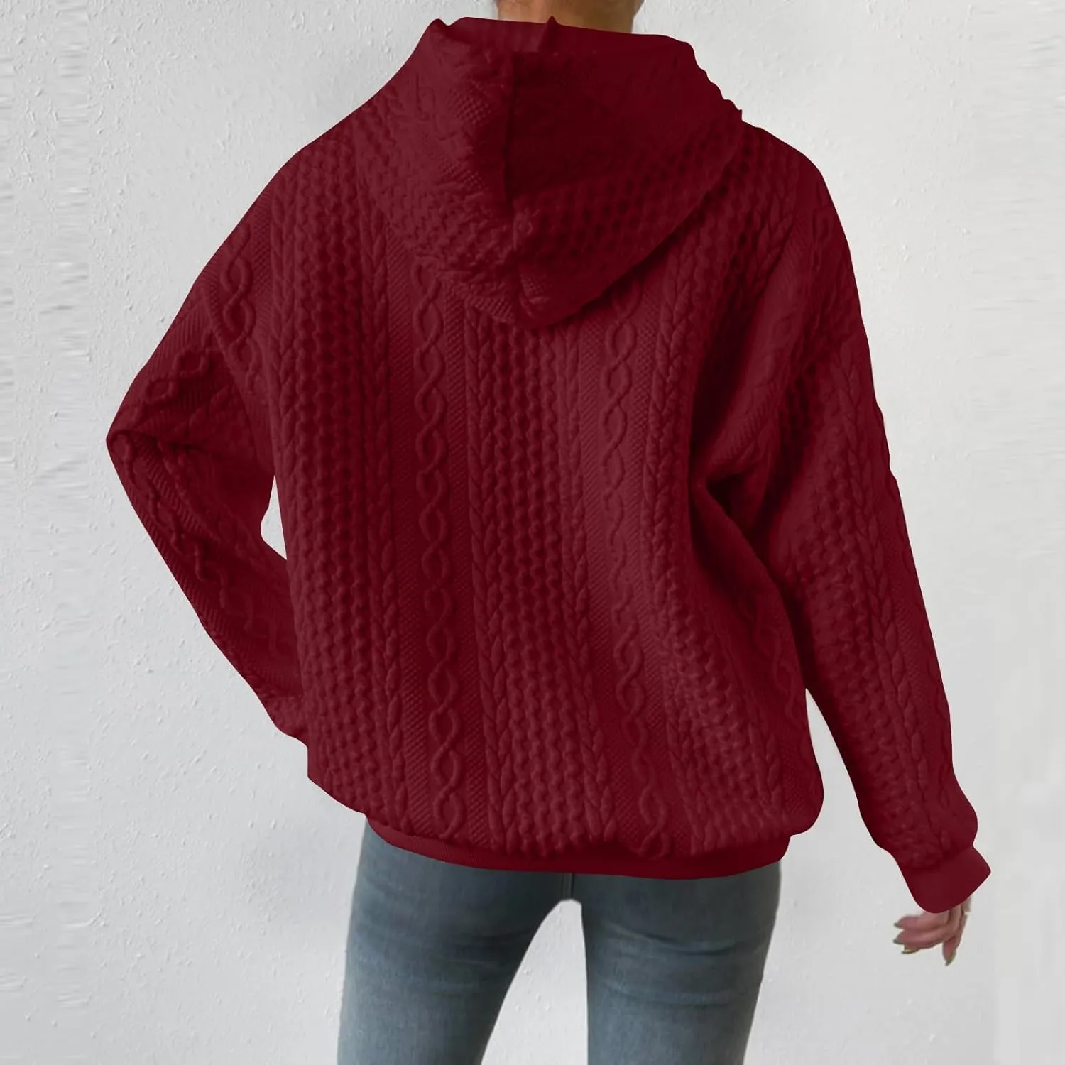 Womens Hoodies Fall Winter Waffle Knit Drop Shoulder Casual Sweatshirts with Pocket Pullover