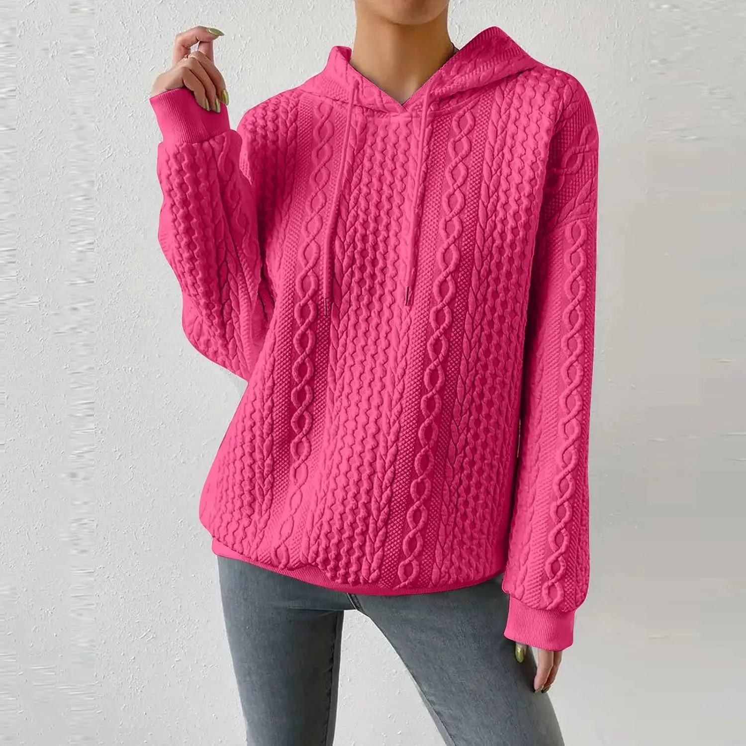 Womens Hoodies Fall Winter Waffle Knit Drop Shoulder Casual Sweatshirts with Pocket Pullover