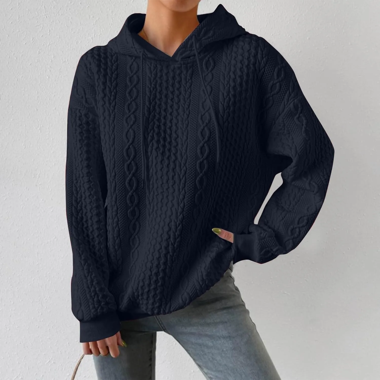 Womens Hoodies Fall Winter Waffle Knit Drop Shoulder Casual Sweatshirts with Pocket Pullover