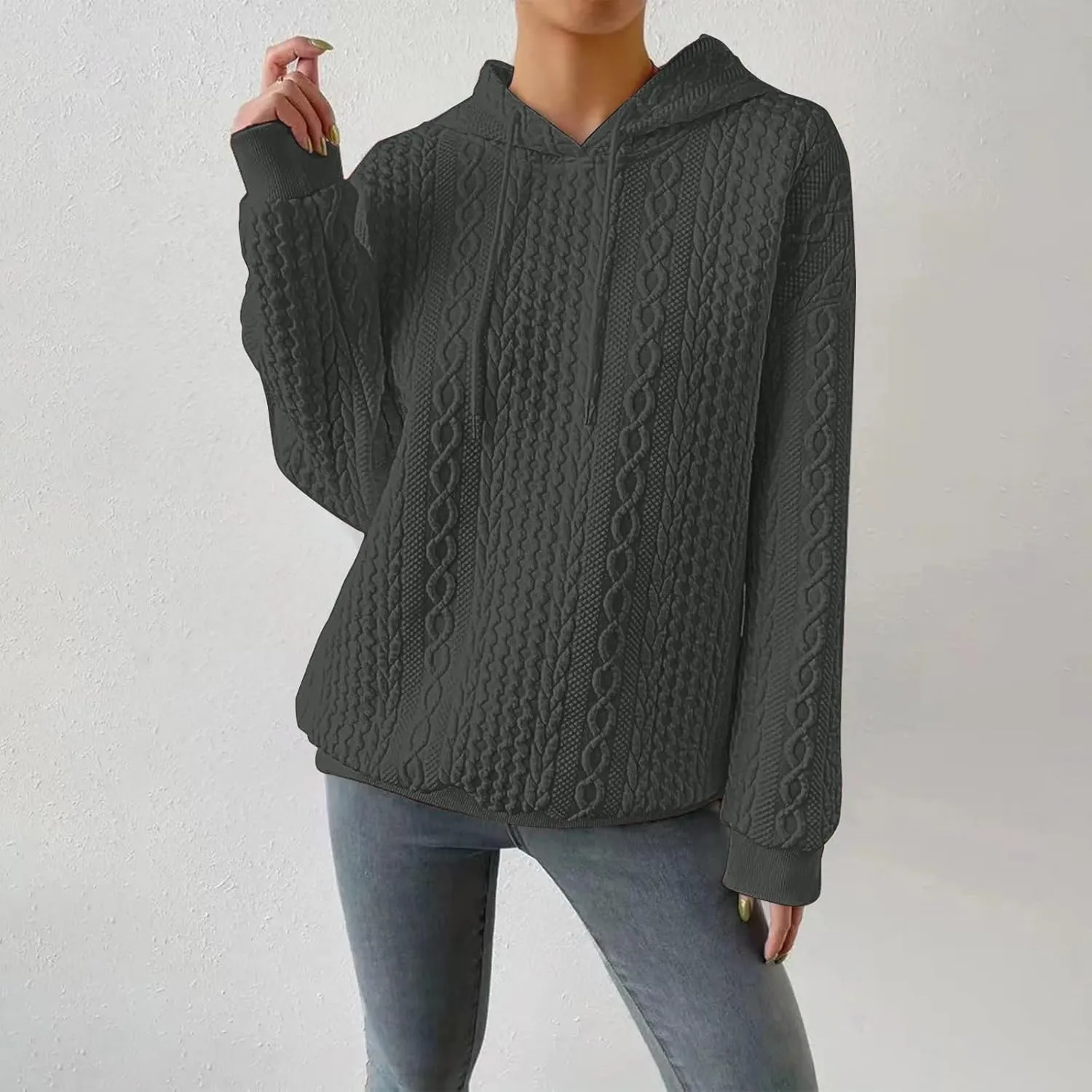 Womens Hoodies Fall Winter Waffle Knit Drop Shoulder Casual Sweatshirts with Pocket Pullover