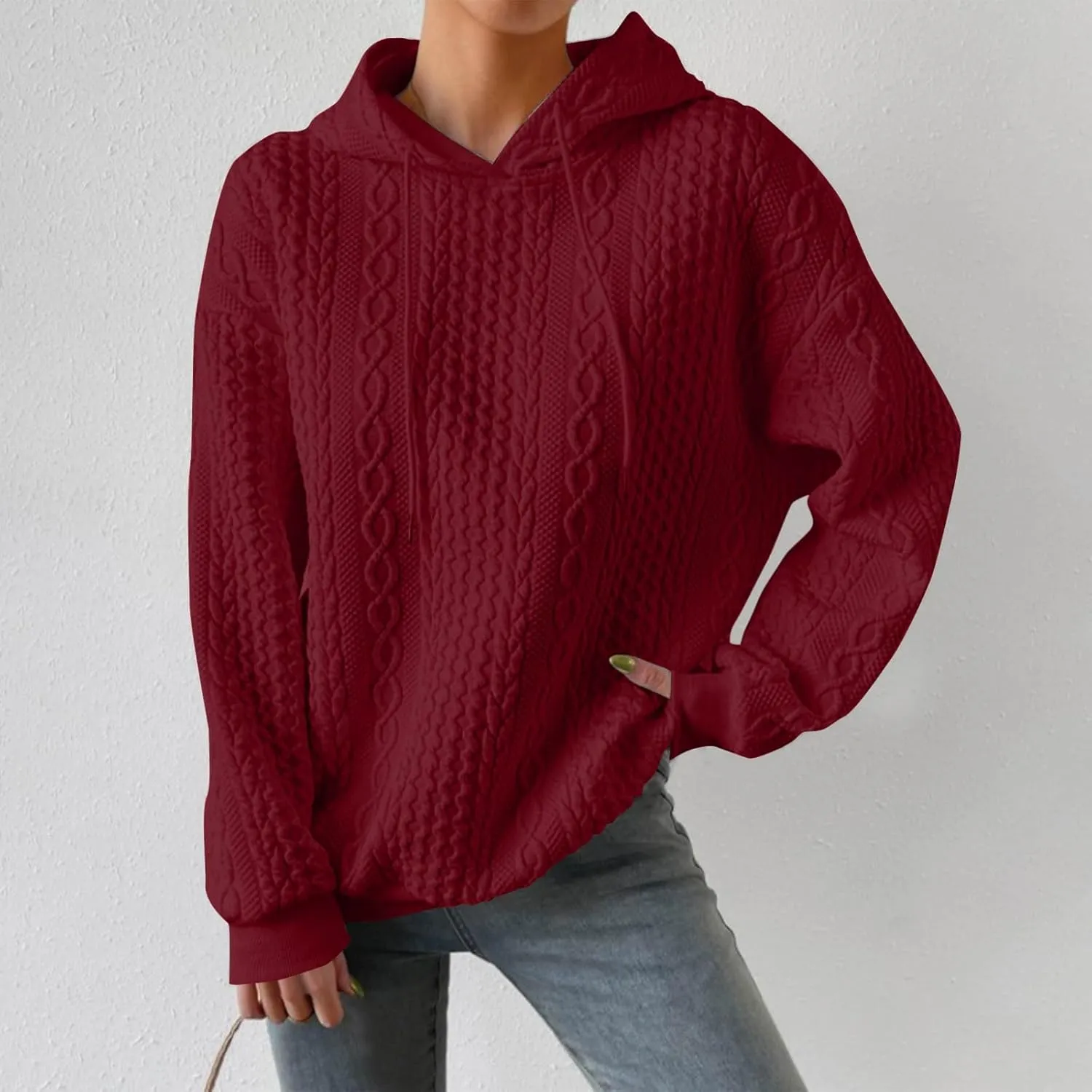 Womens Hoodies Fall Winter Waffle Knit Drop Shoulder Casual Sweatshirts with Pocket Pullover