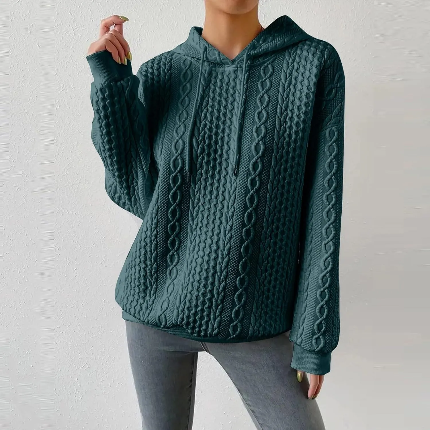 Womens Hoodies Fall Winter Waffle Knit Drop Shoulder Casual Sweatshirts with Pocket Pullover