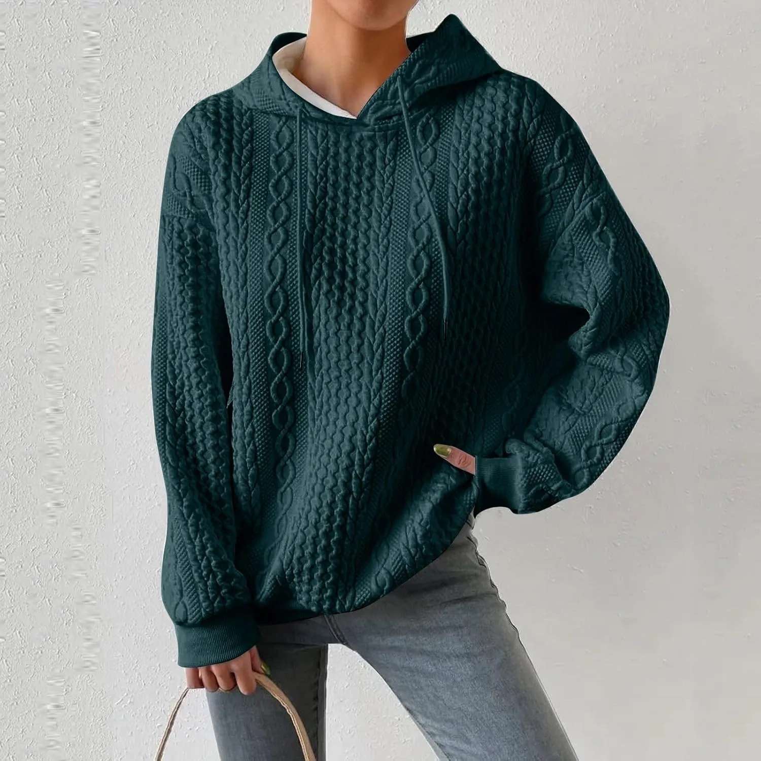 Womens Hoodies Fall Winter Waffle Knit Drop Shoulder Casual Sweatshirts with Pocket Pullover