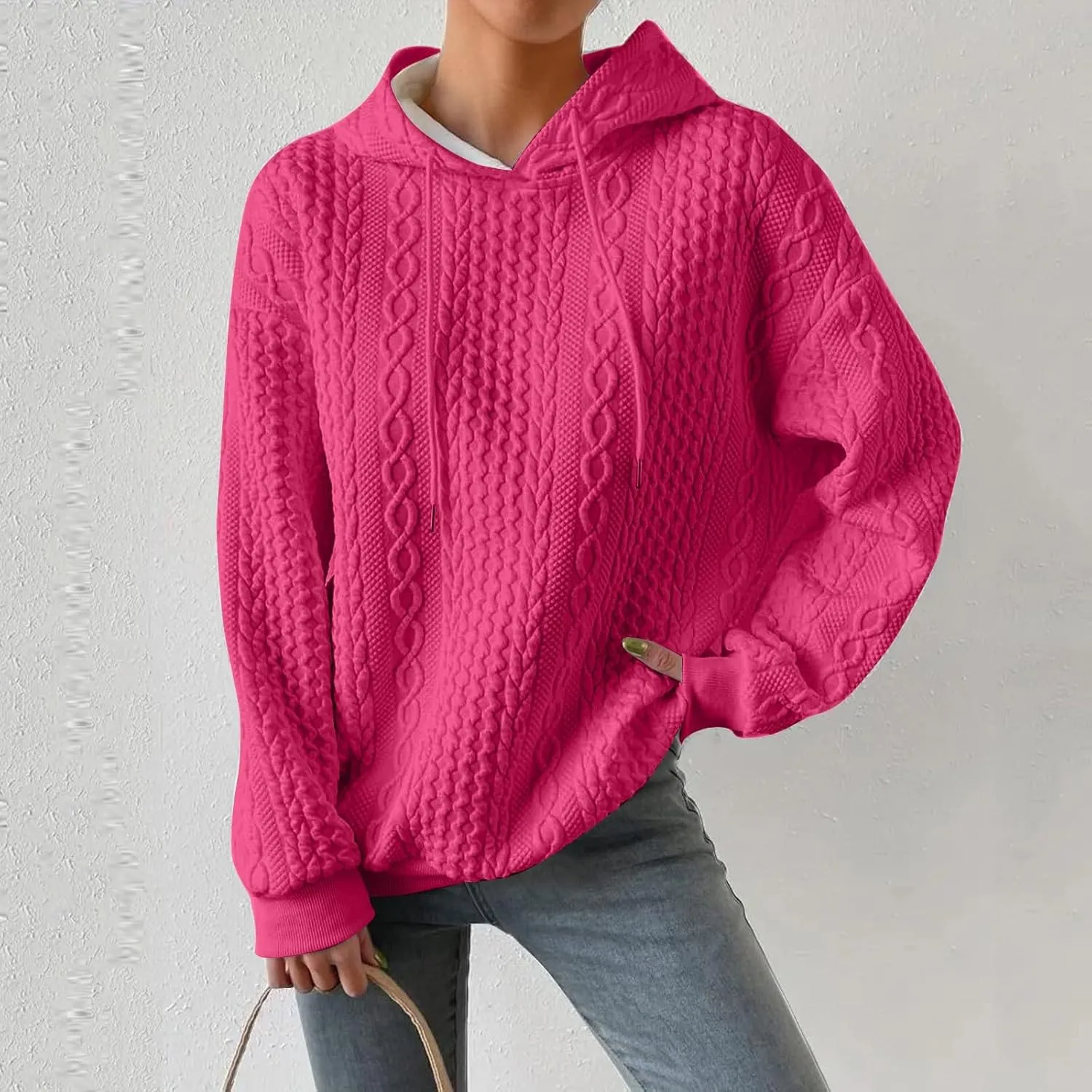 Womens Hoodies Fall Winter Waffle Knit Drop Shoulder Casual Sweatshirts with Pocket Pullover