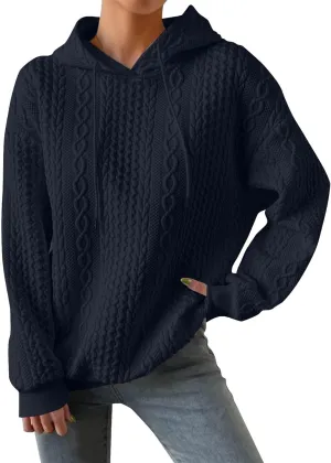 Womens Hoodies Fall Winter Waffle Knit Drop Shoulder Casual Sweatshirts with Pocket Pullover