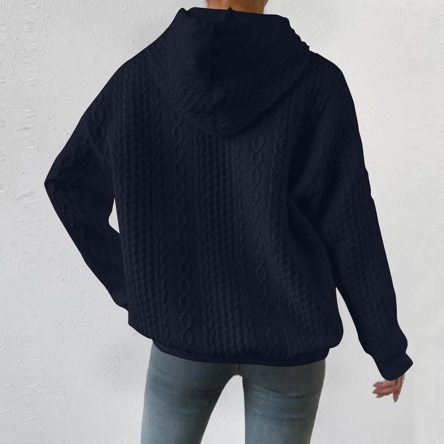 Womens Hoodies Fall Winter Waffle Knit Drop Shoulder Casual Sweatshirts with Pocket Pullover