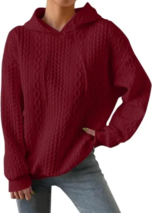 Womens Hoodies Fall Winter Waffle Knit Drop Shoulder Casual Sweatshirts with Pocket Pullover