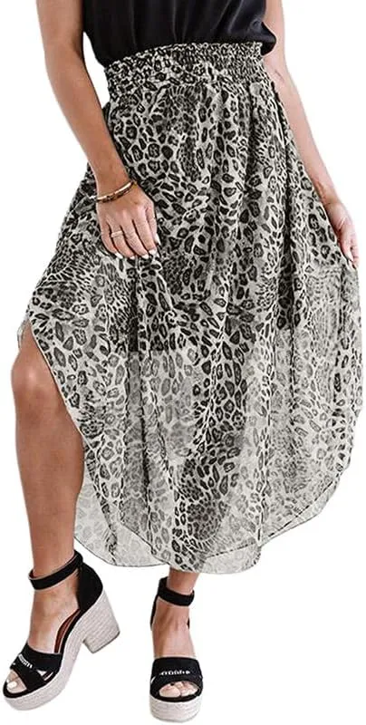 Women's Leopard Print Skirt High Waisted Midi Skirts Pleated Cheetah Skirts Charming Long Flowy Dress