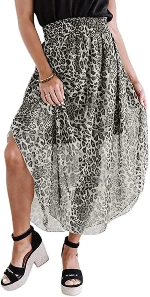 Women's Leopard Print Skirt High Waisted Midi Skirts Pleated Cheetah Skirts Charming Long Flowy Dress