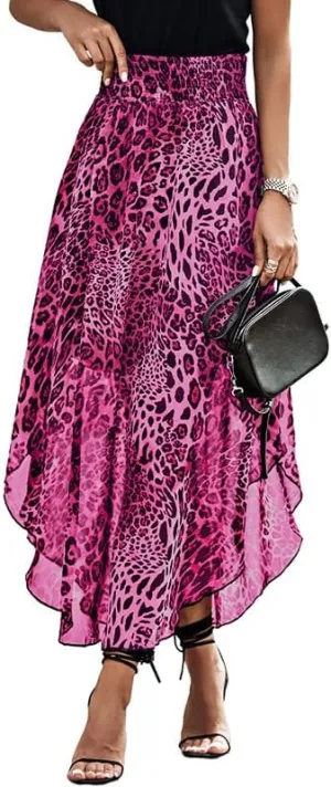 Women's Leopard Print Skirt High Waisted Midi Skirts Pleated Cheetah Skirts Charming Long Flowy Dress