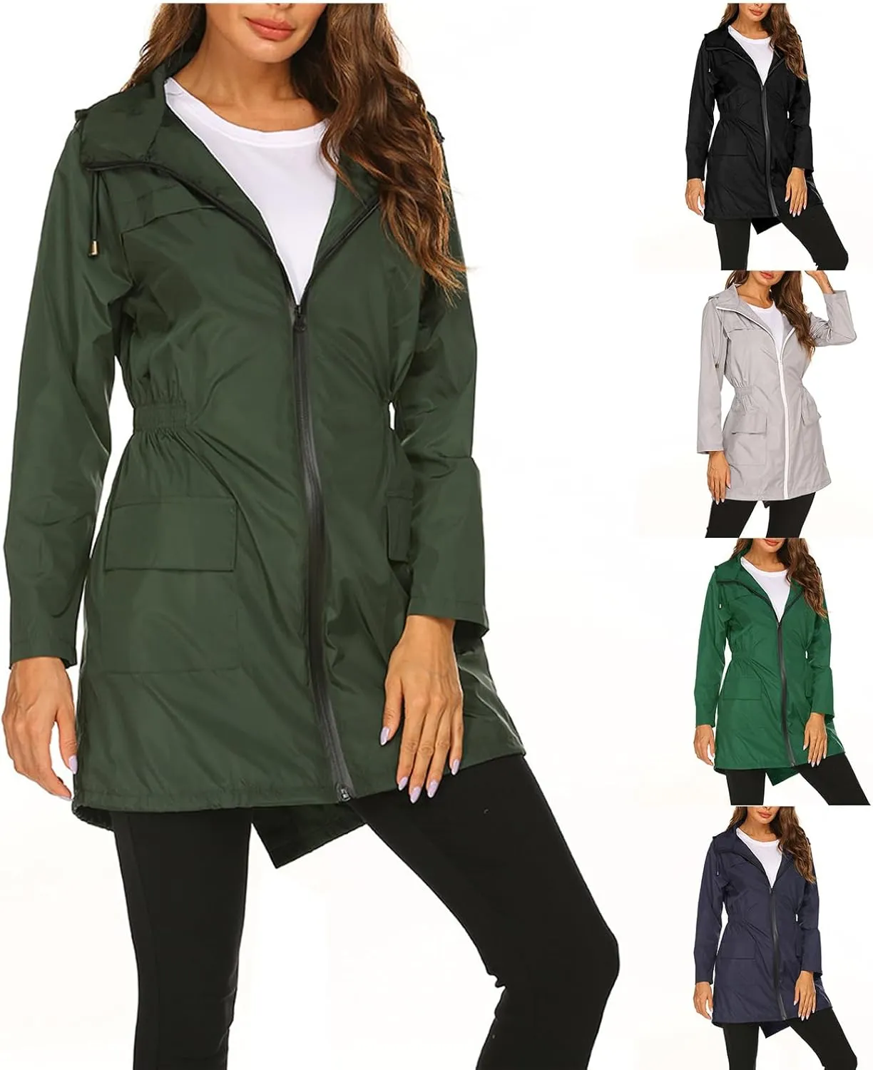 Womens Lightweight Hooded Raincoat Packable Outdoor Waterproof Rain Jacket Casual Zip Up Windbreaker Fall Fashion