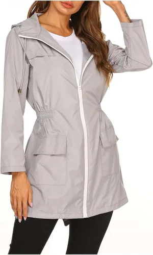 Womens Lightweight Hooded Raincoat Packable Outdoor Waterproof Rain Jacket Casual Zip Up Windbreaker Fall Fashion