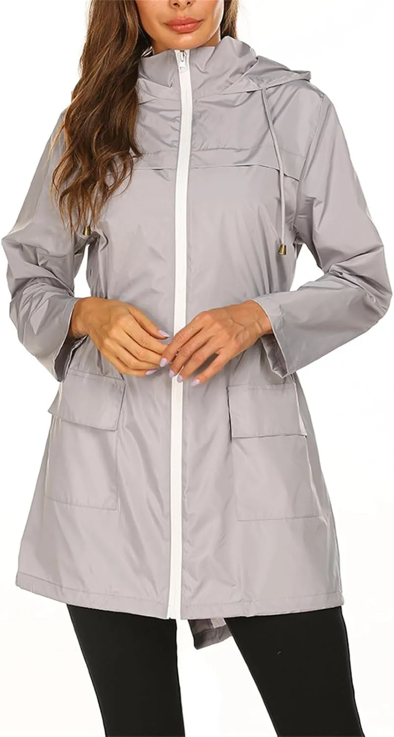 Womens Lightweight Hooded Raincoat Packable Outdoor Waterproof Rain Jacket Casual Zip Up Windbreaker Fall Fashion