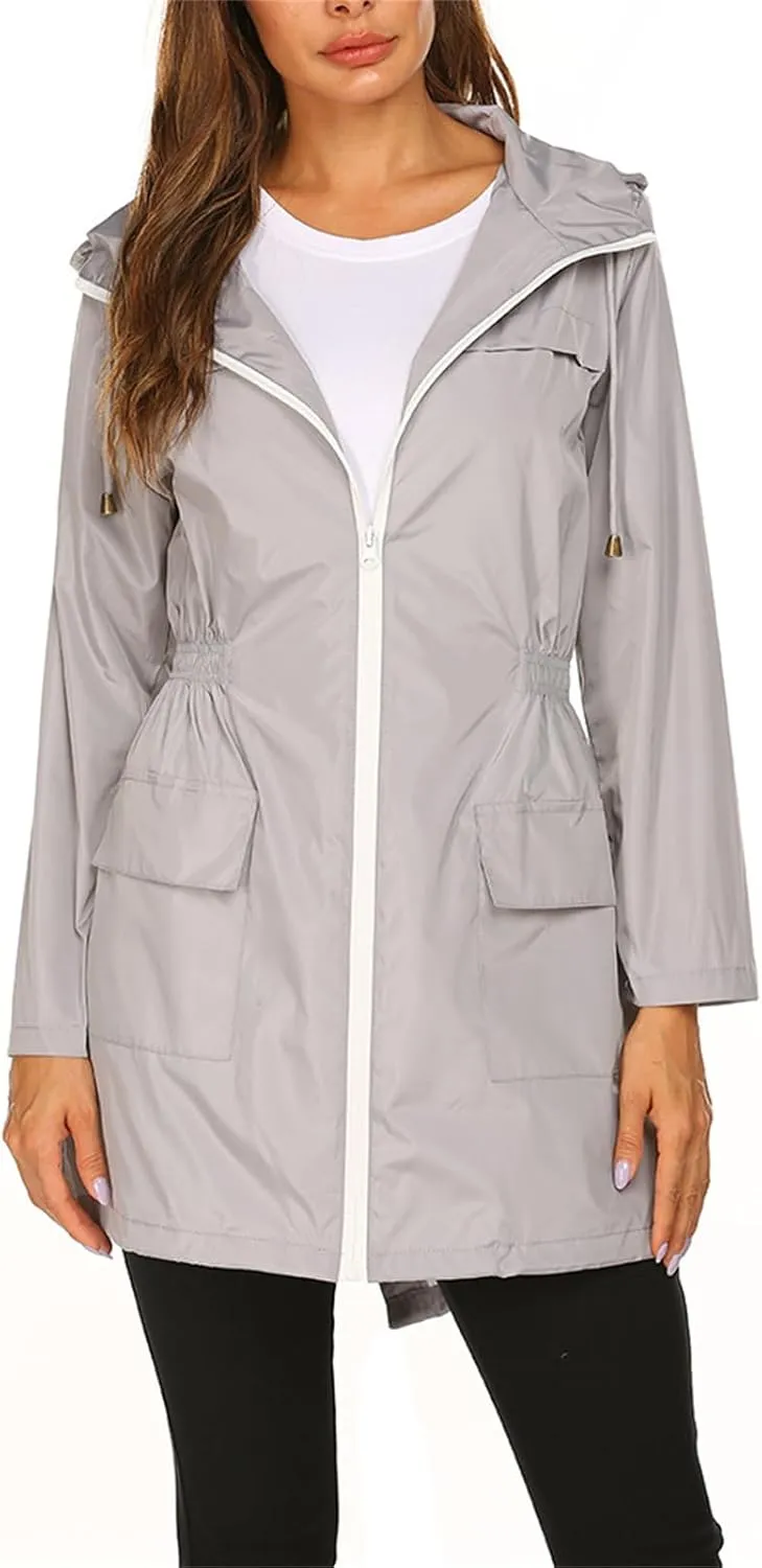 Womens Lightweight Hooded Raincoat Packable Outdoor Waterproof Rain Jacket Casual Zip Up Windbreaker Fall Fashion