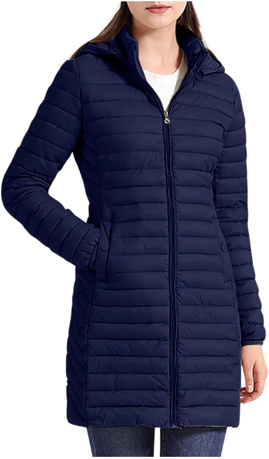 Women's Lightweight Puffer Jackets Winter Warm Long Sleeve Zip Quilted Padded Jacket Plus Size Down Jackets With Hood