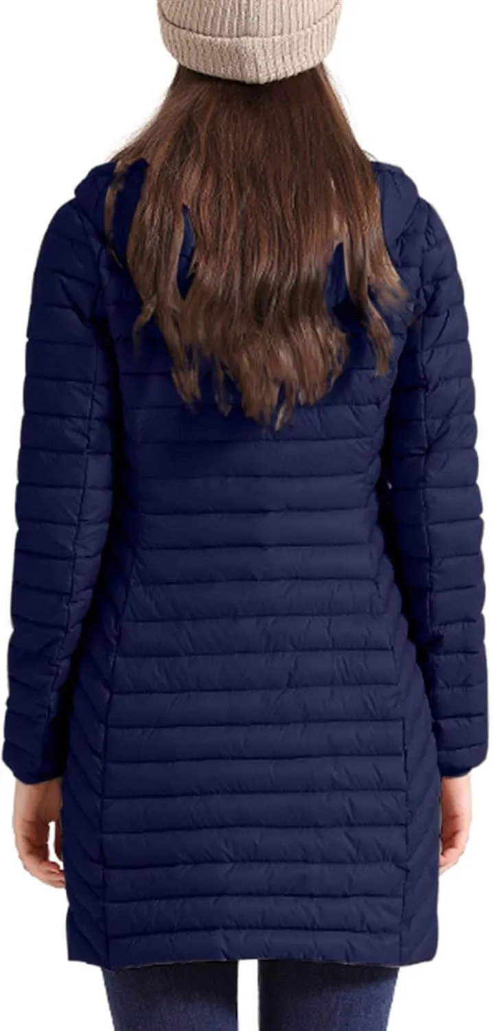 Women's Lightweight Puffer Jackets Winter Warm Long Sleeve Zip Quilted Padded Jacket Plus Size Down Jackets With Hood