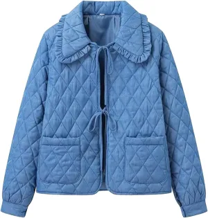 Womens Lightweight Quilted Jacket Cute Tie Front Cropped Puffer Jacket Coat Winter Padded Coat with Pockets