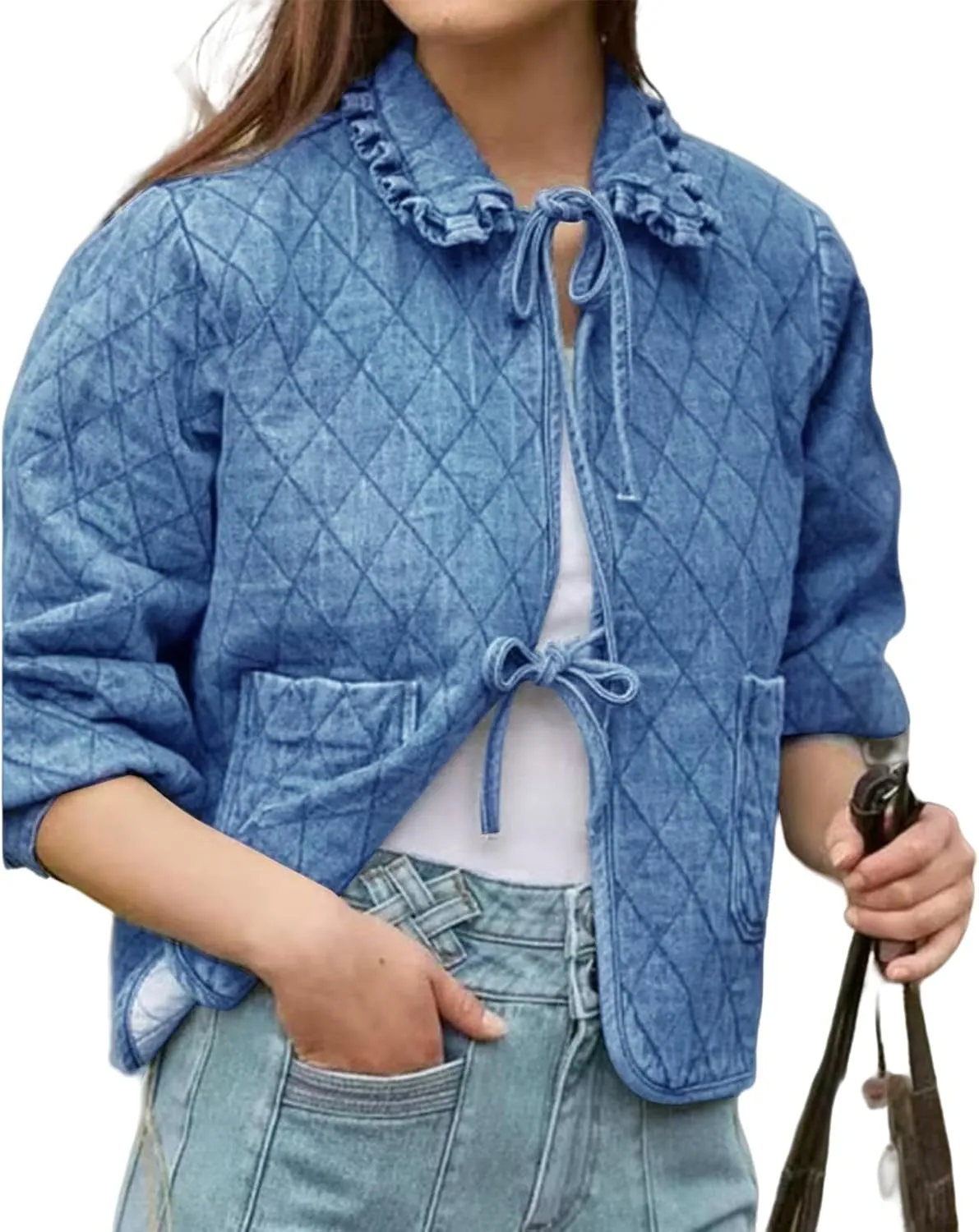 Womens Lightweight Quilted Jacket Cute Tie Front Cropped Puffer Jacket Coat Winter Padded Coat with Pockets