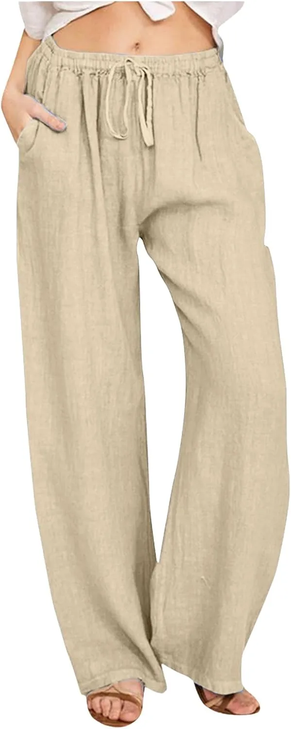 Womens Linen Blend Summer Printed Pants High Waist Ankle Length Plus Size Trouser Business Work
