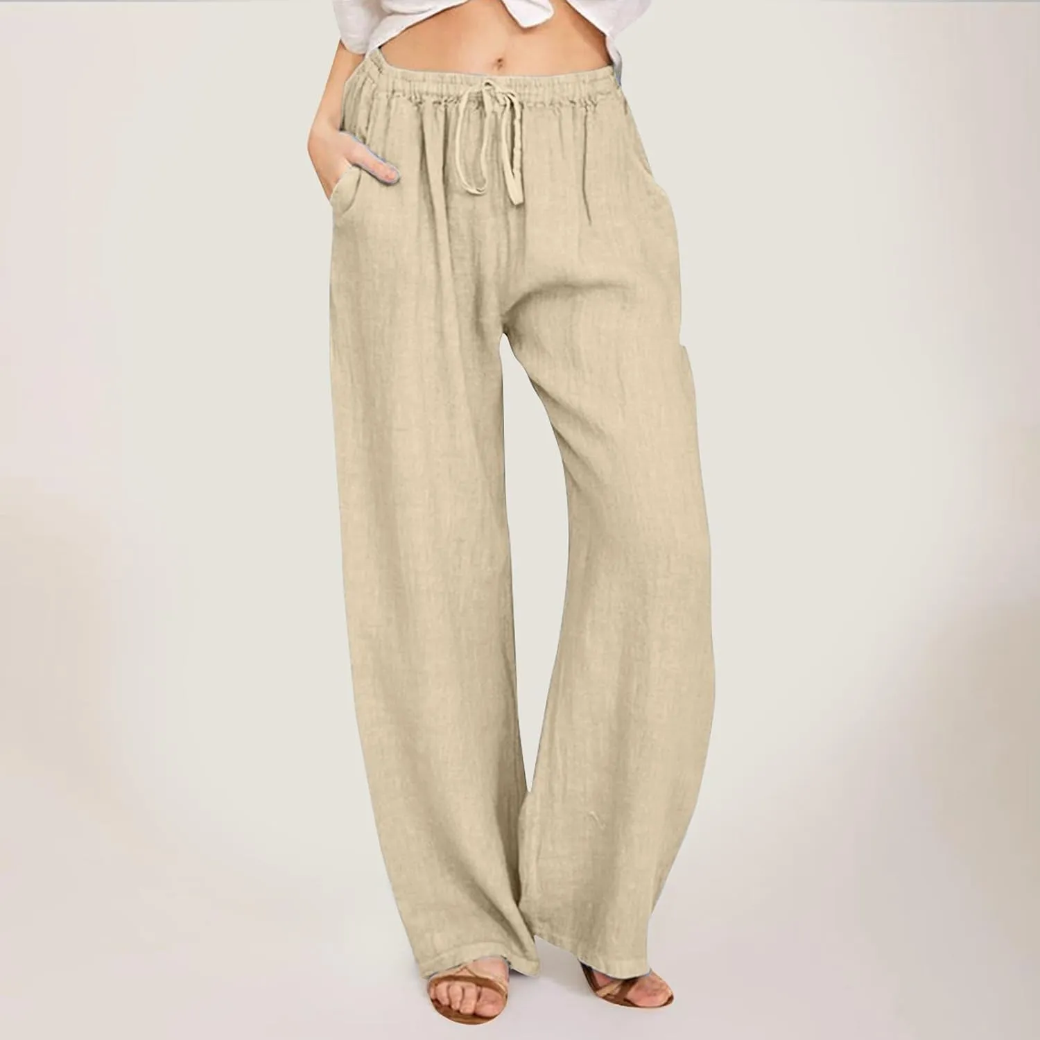 Womens Linen Blend Summer Printed Pants High Waist Ankle Length Plus Size Trouser Business Work