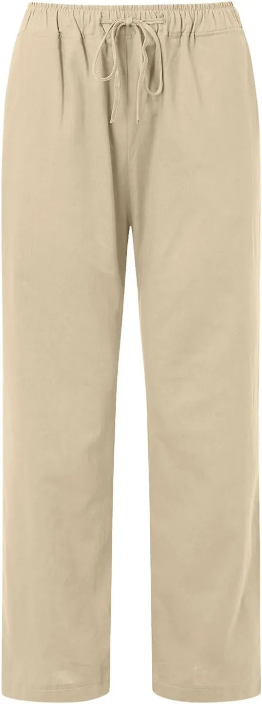 Womens Linen Blend Summer Printed Pants High Waist Ankle Length Plus Size Trouser Business Work