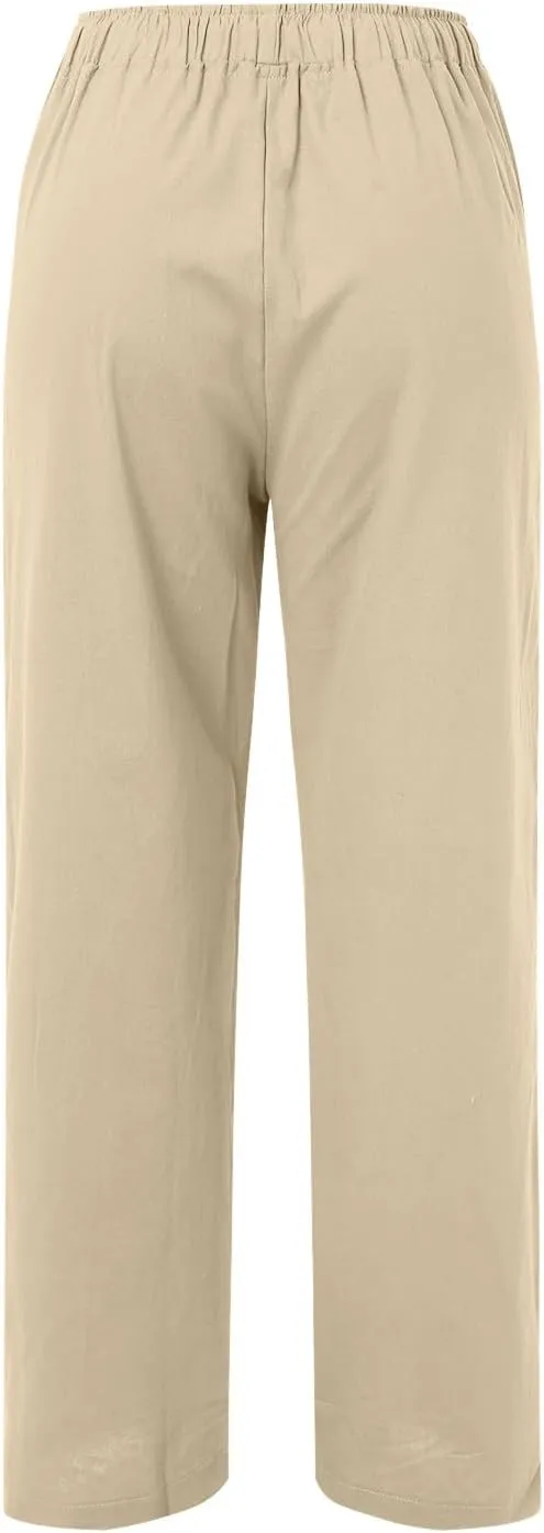 Womens Linen Blend Summer Printed Pants High Waist Ankle Length Plus Size Trouser Business Work