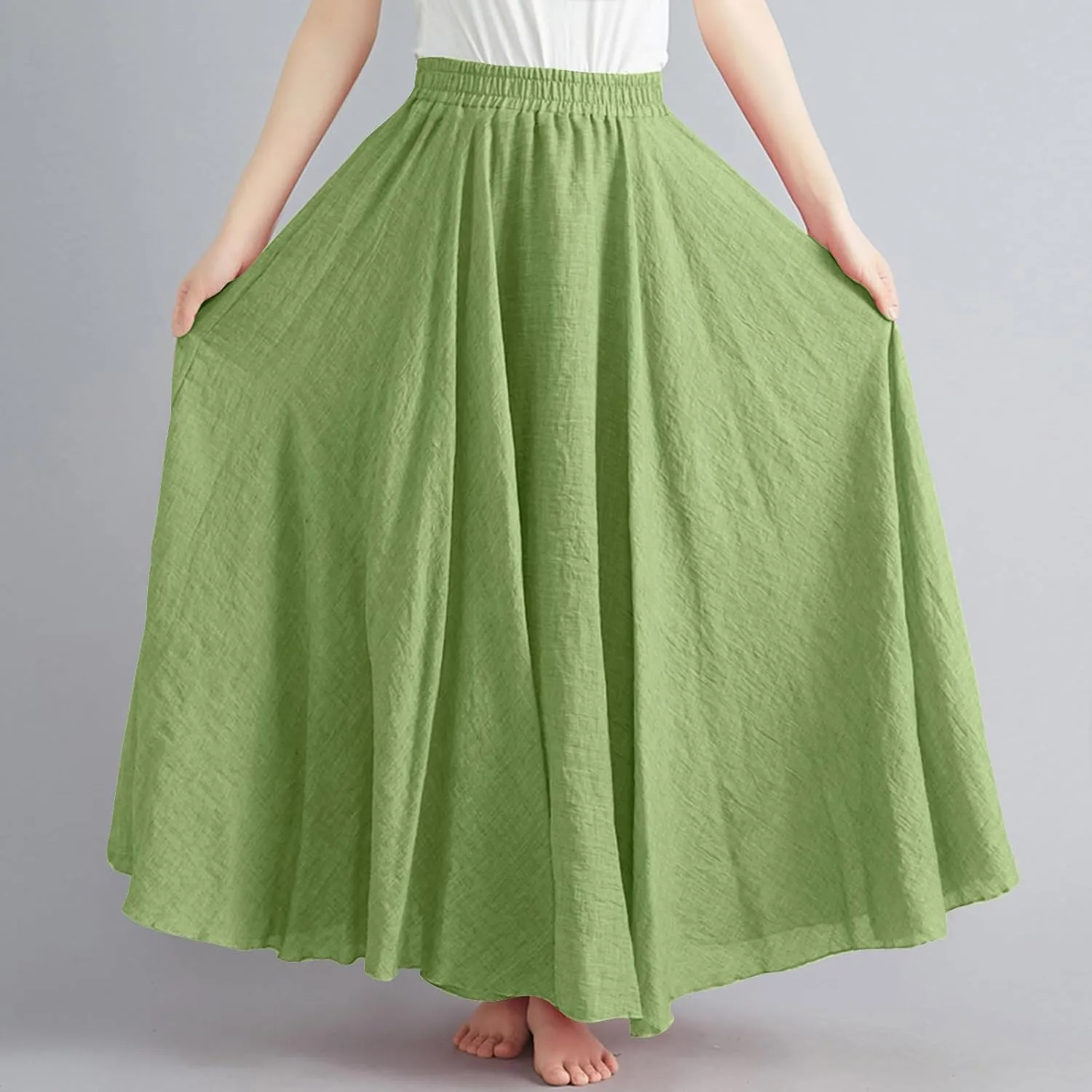 Womens Linen Maxi Skirts Flowy Elegant Pleated Solid Color Skirt High Waisted Plus Size 2025 Trendy Summer Dress