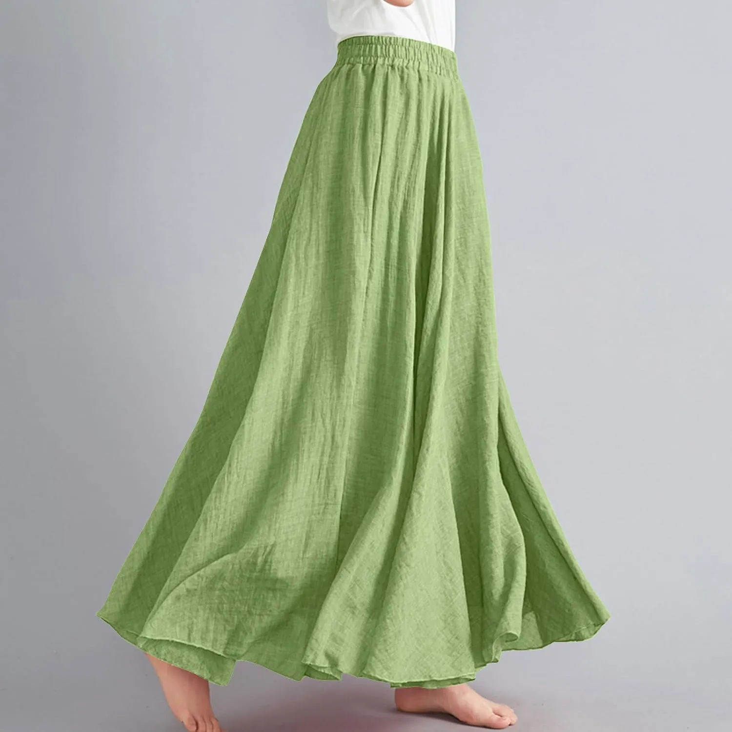 Womens Linen Maxi Skirts Flowy Elegant Pleated Solid Color Skirt High Waisted Plus Size 2025 Trendy Summer Dress