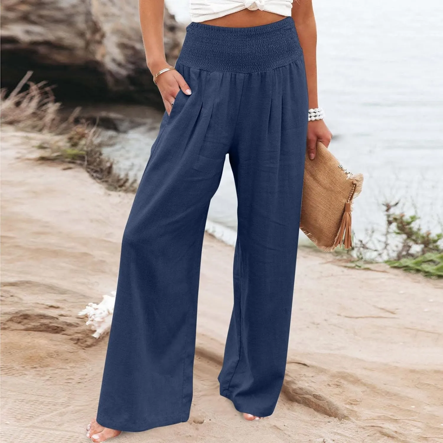 Women's Linen Pants, Summer Fall Wide Leg Palazzo Pants High Waisted Drawstring Leg Capri Pants Cotton Trousers with Pocket