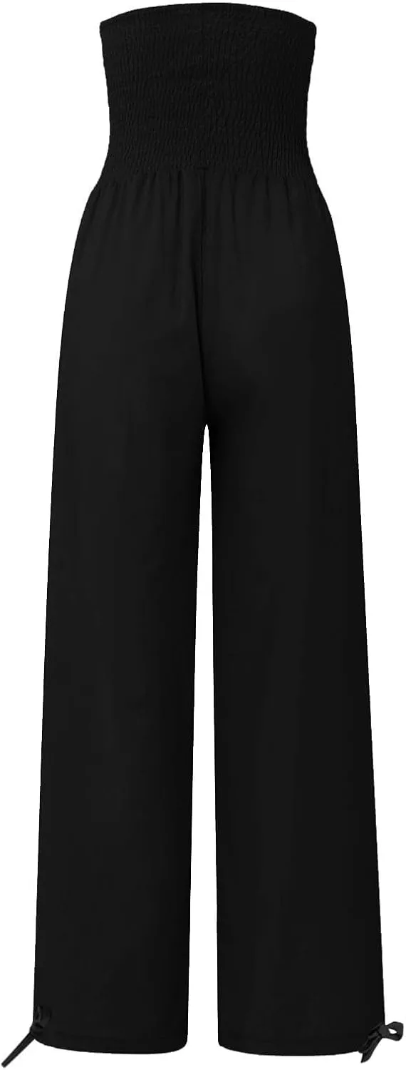 Women's Linen Pants, Summer Fall Wide Leg Palazzo Pants High Waisted Drawstring Leg Capri Pants Cotton Trousers with Pocket
