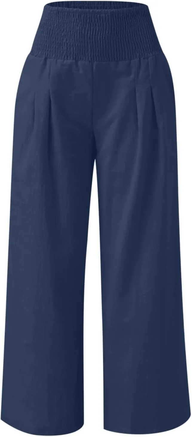 Women's Linen Pants, Summer Fall Wide Leg Palazzo Pants High Waisted Drawstring Leg Capri Pants Cotton Trousers with Pocket