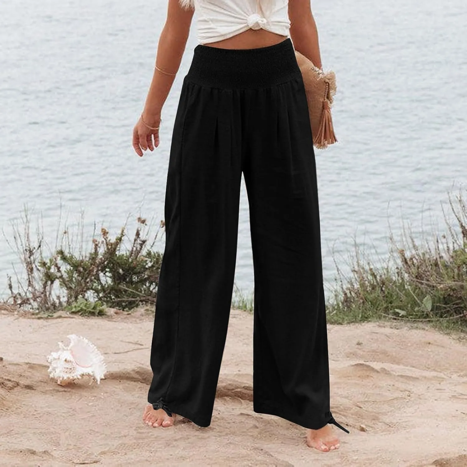 Women's Linen Pants, Summer Fall Wide Leg Palazzo Pants High Waisted Drawstring Leg Capri Pants Cotton Trousers with Pocket