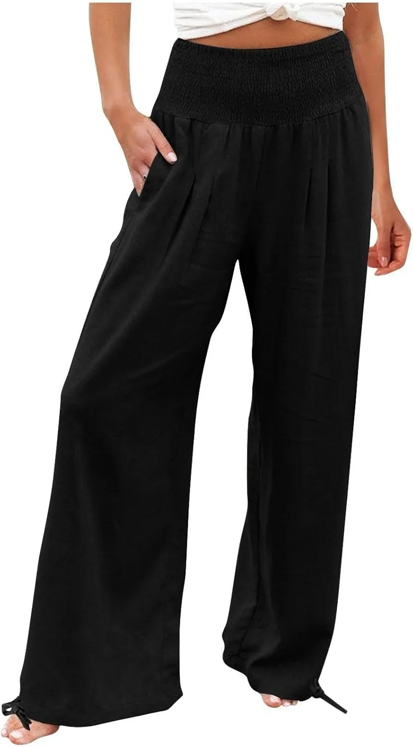 Women's Linen Pants, Summer Fall Wide Leg Palazzo Pants High Waisted Drawstring Leg Capri Pants Cotton Trousers with Pocket