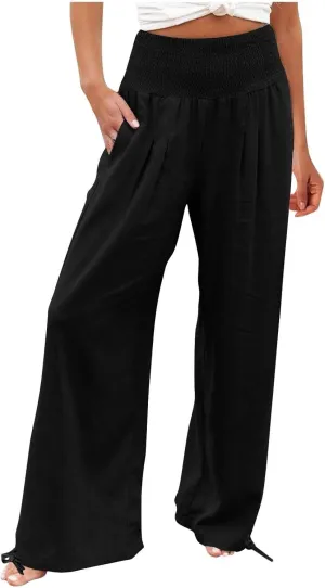 Women's Linen Pants, Summer Fall Wide Leg Palazzo Pants High Waisted Drawstring Leg Capri Pants Cotton Trousers with Pocket