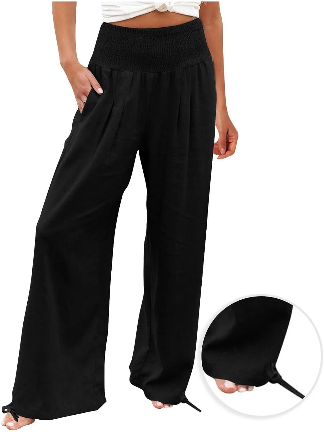 Women's Linen Pants, Summer Fall Wide Leg Palazzo Pants High Waisted Drawstring Leg Capri Pants Cotton Trousers with Pocket