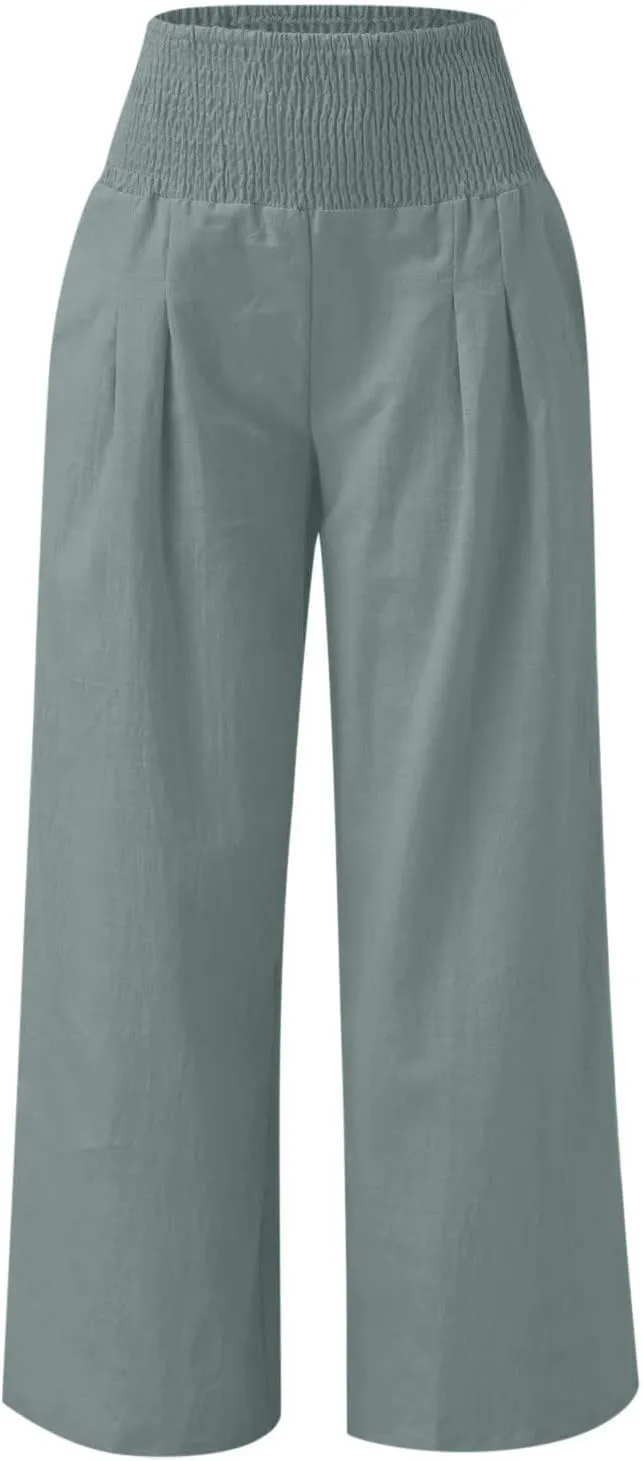 Women's Linen Pants, Summer Fall Wide Leg Palazzo Pants High Waisted Drawstring Leg Capri Pants Cotton Trousers with Pocket