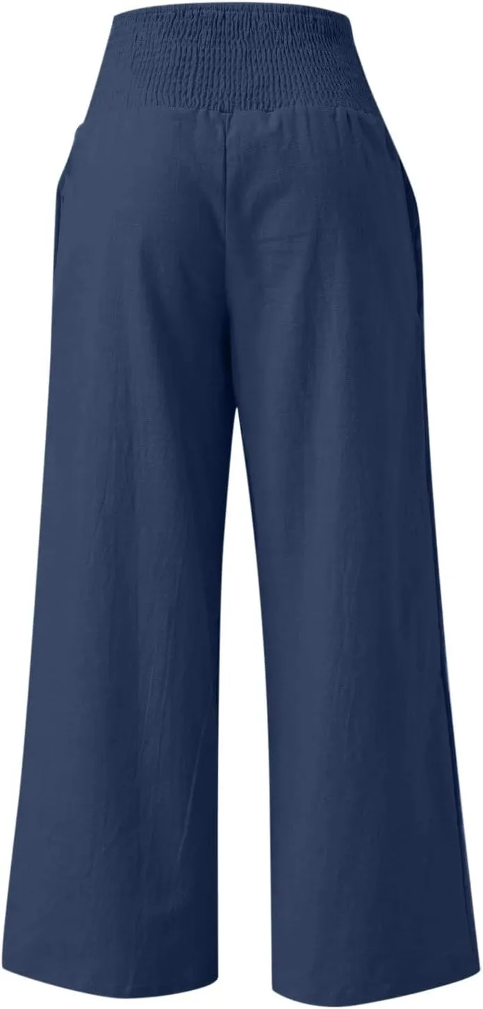 Women's Linen Pants, Summer Fall Wide Leg Palazzo Pants High Waisted Drawstring Leg Capri Pants Cotton Trousers with Pocket