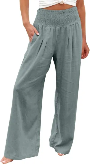 Women's Linen Pants, Summer Fall Wide Leg Palazzo Pants High Waisted Drawstring Leg Capri Pants Cotton Trousers with Pocket