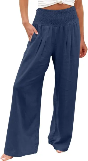 Women's Linen Pants, Summer Fall Wide Leg Palazzo Pants High Waisted Drawstring Leg Capri Pants Cotton Trousers with Pocket