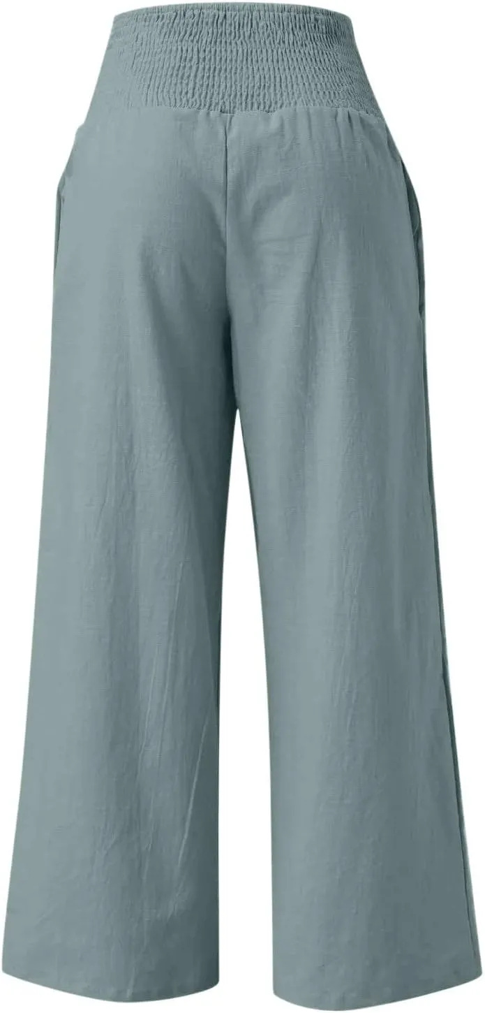 Women's Linen Pants, Summer Fall Wide Leg Palazzo Pants High Waisted Drawstring Leg Capri Pants Cotton Trousers with Pocket