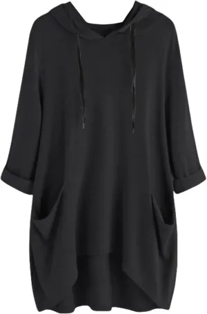 Women's Long Pattern Hooded Sweatshirt Oversized Solid Color Texture Pullover Tops Trendy Lightweight Loose Fit Dress