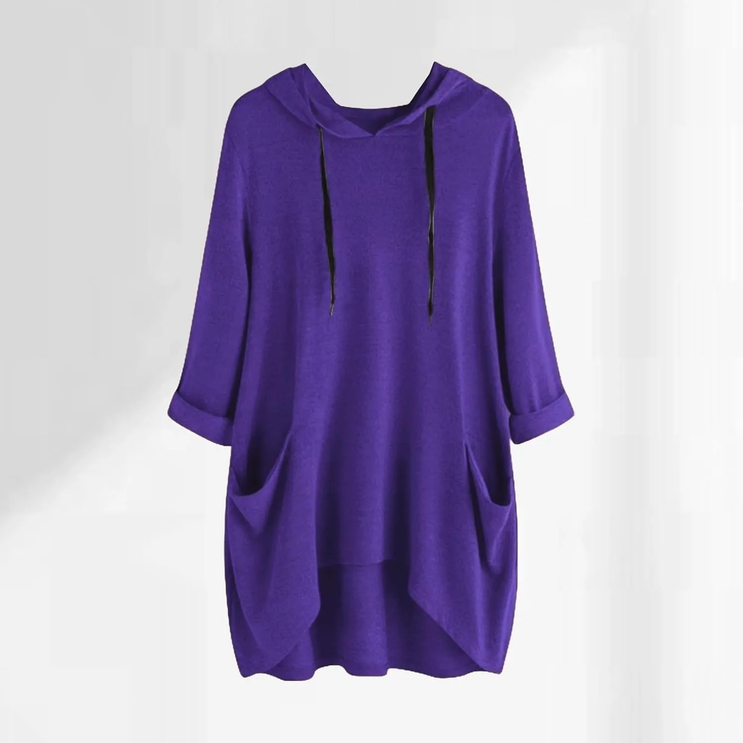 Women's Long Pattern Hooded Sweatshirt Oversized Solid Color Texture Pullover Tops Trendy Lightweight Loose Fit Dress
